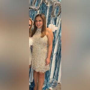 Aidan Mattox White Feathered Mini Dress